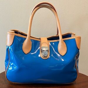 Dooney & Bourke  Satchel  Royal blue coated canvas/ tan leather trim   Like New